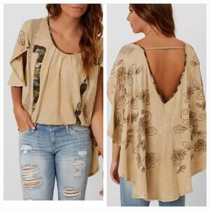 Gimmicks SZ S Linen Blend Embroidered Top Tan Brown BOHO